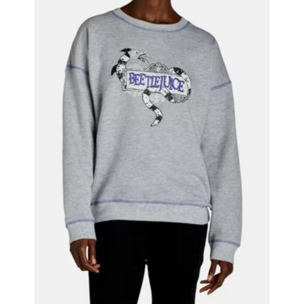 Beetlejuice Sweatshirt S Women's Gray Front Back Graphic Embroidered Long Sleeve